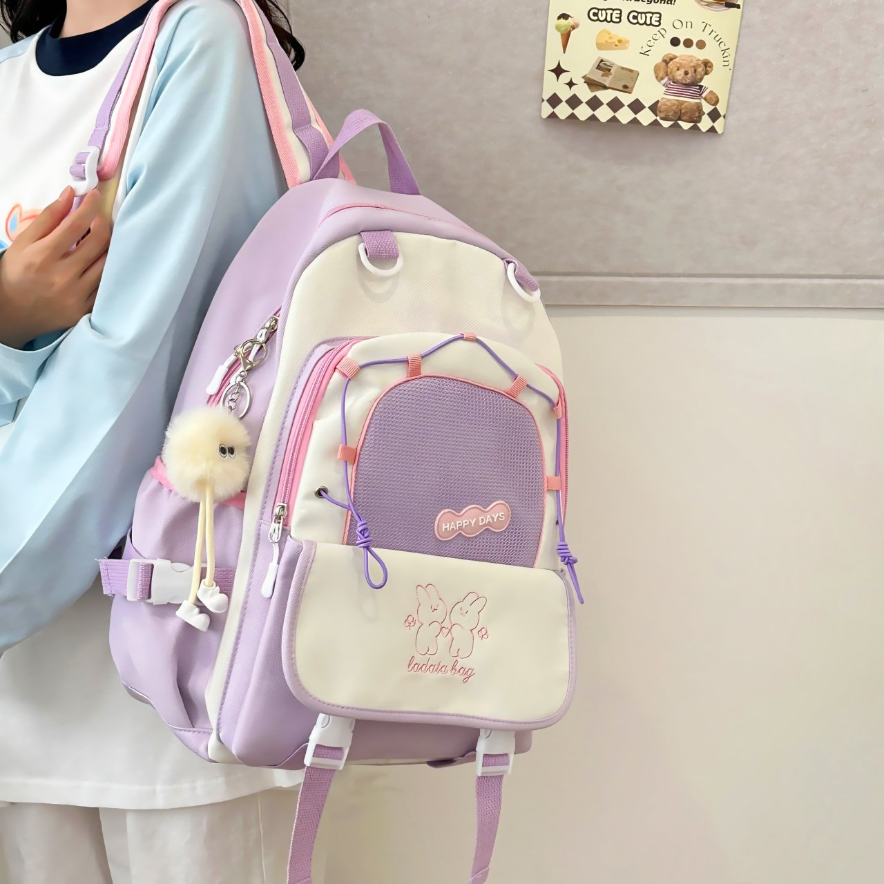 Multi-Color Aesthetic School Backpack with Charm