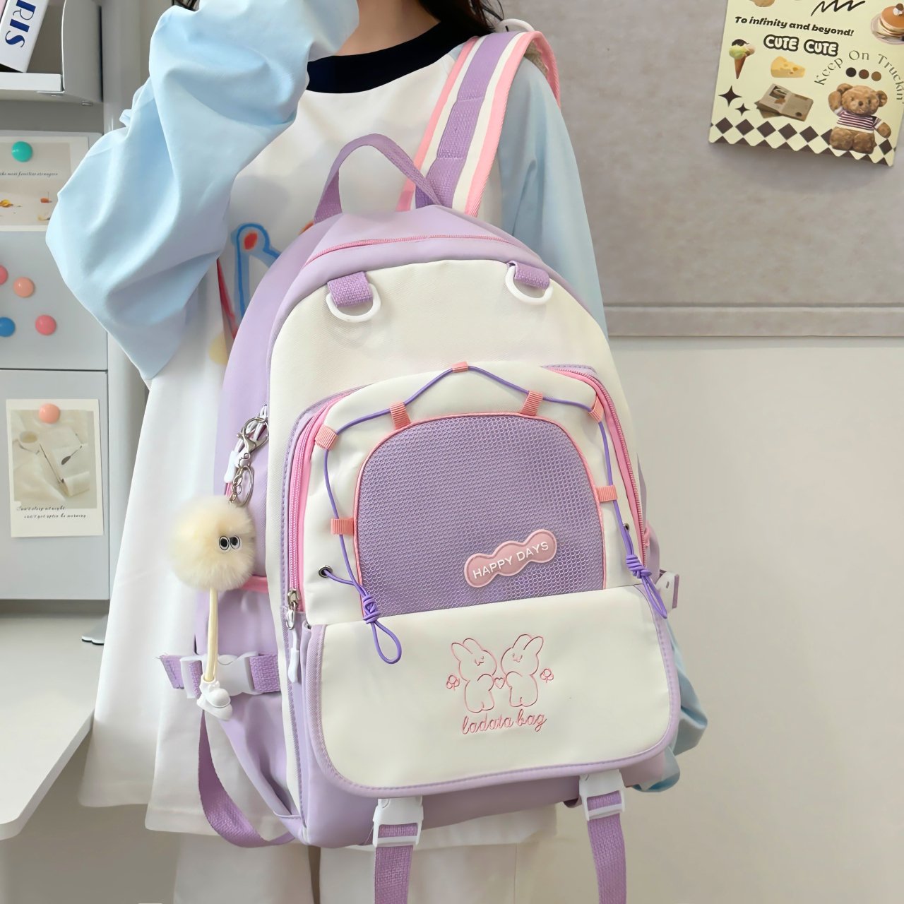 Multi-Color Aesthetic School Backpack with Charm