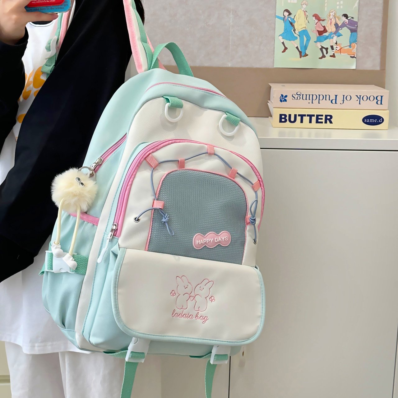Multi-Color Aesthetic School Backpack with Charm