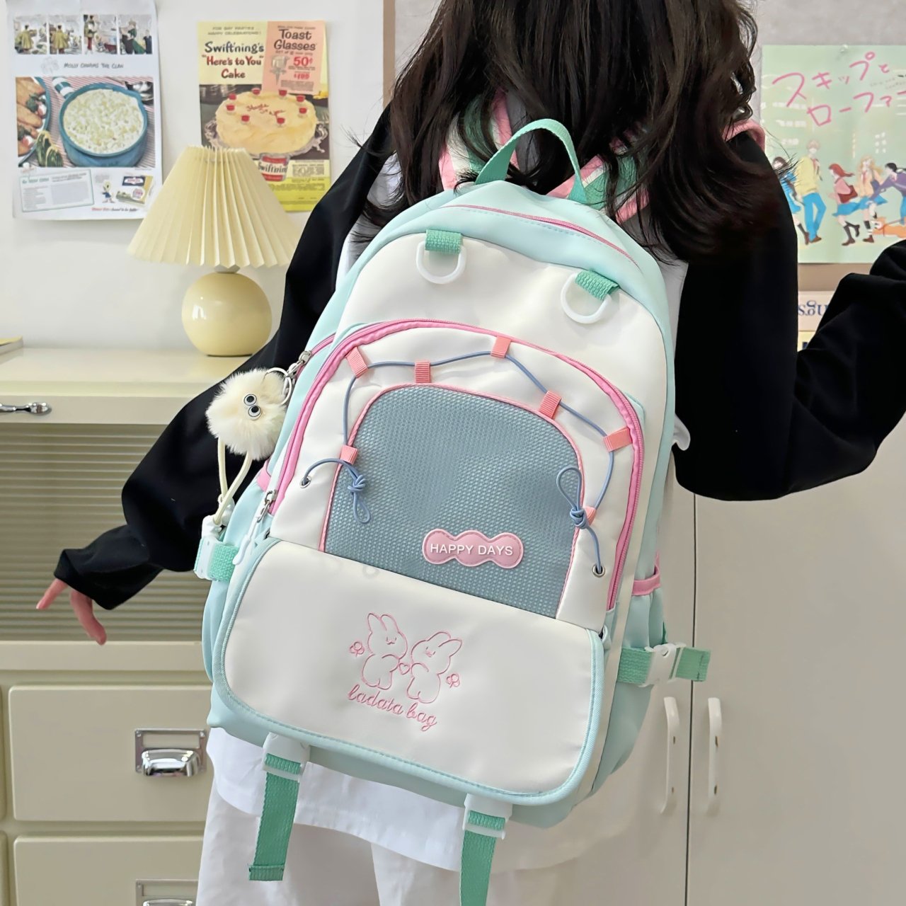 Multi-Color Aesthetic School Backpack with Charm
