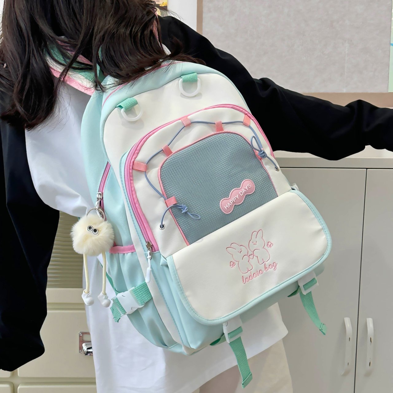 Multi-Color Aesthetic School Backpack with Charm