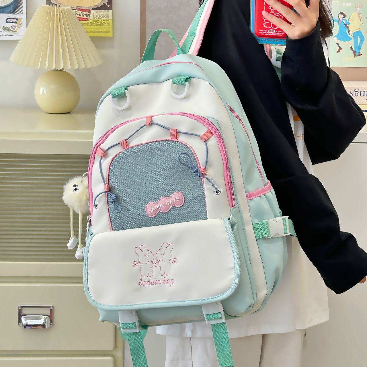 Multi-Color Aesthetic School Backpack with Charm