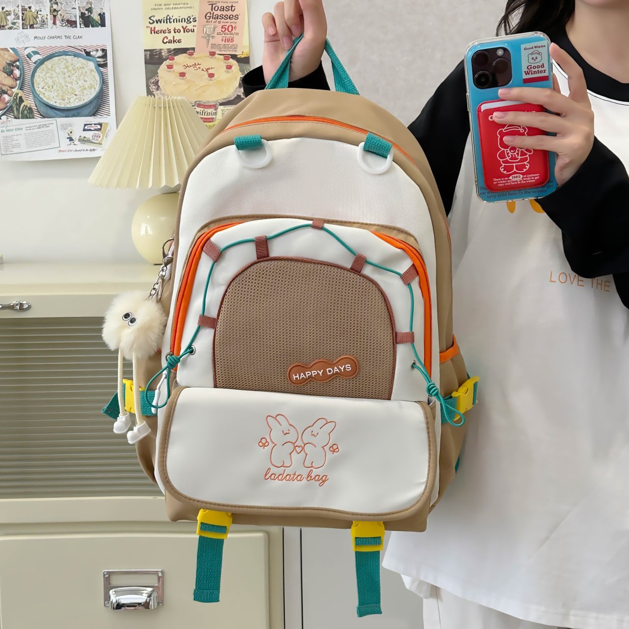 Khaki Casual Backpack with Bunny Print for Women