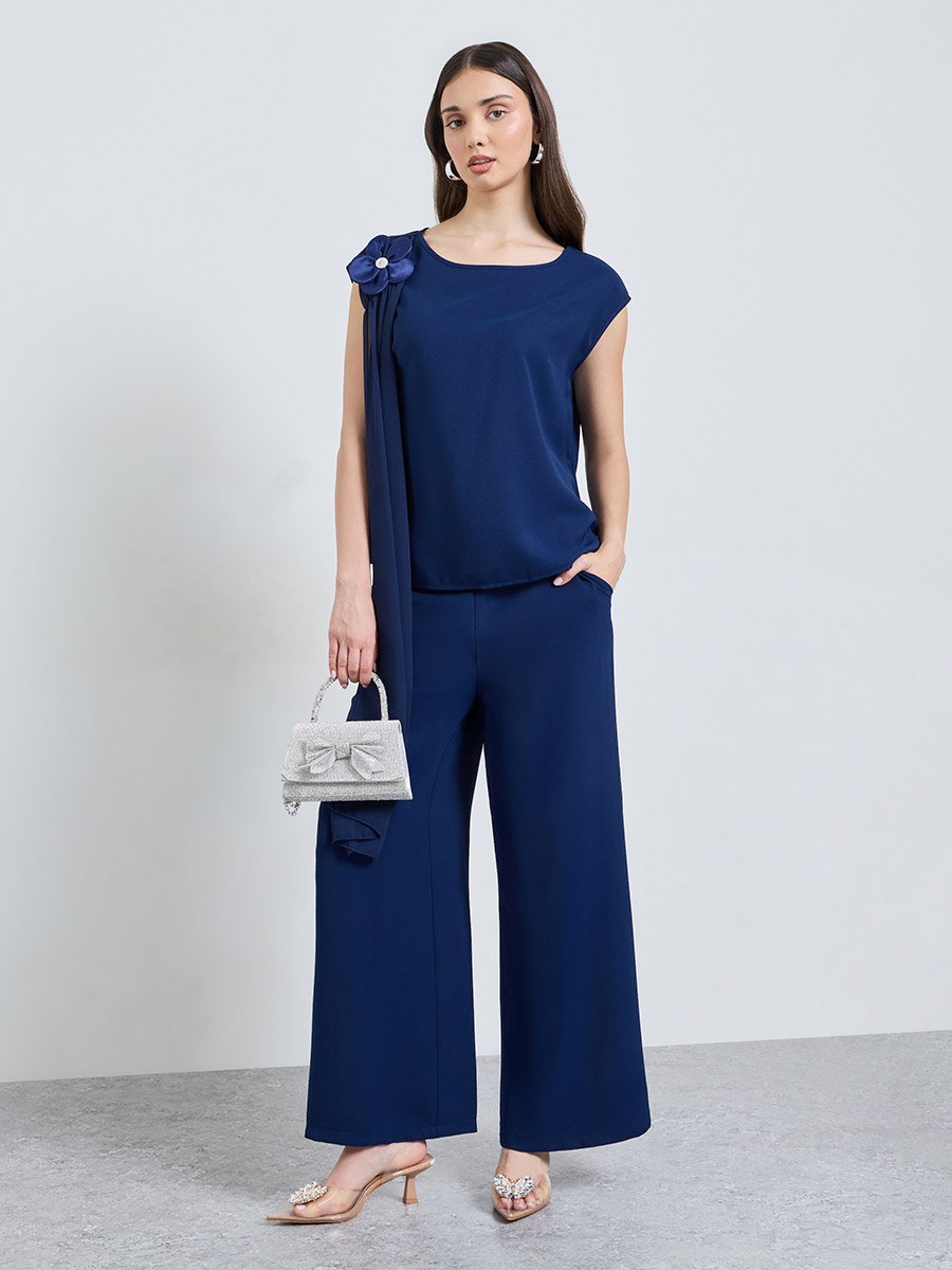 Navy Blue Solid Top and Wide Leg Co-Ords