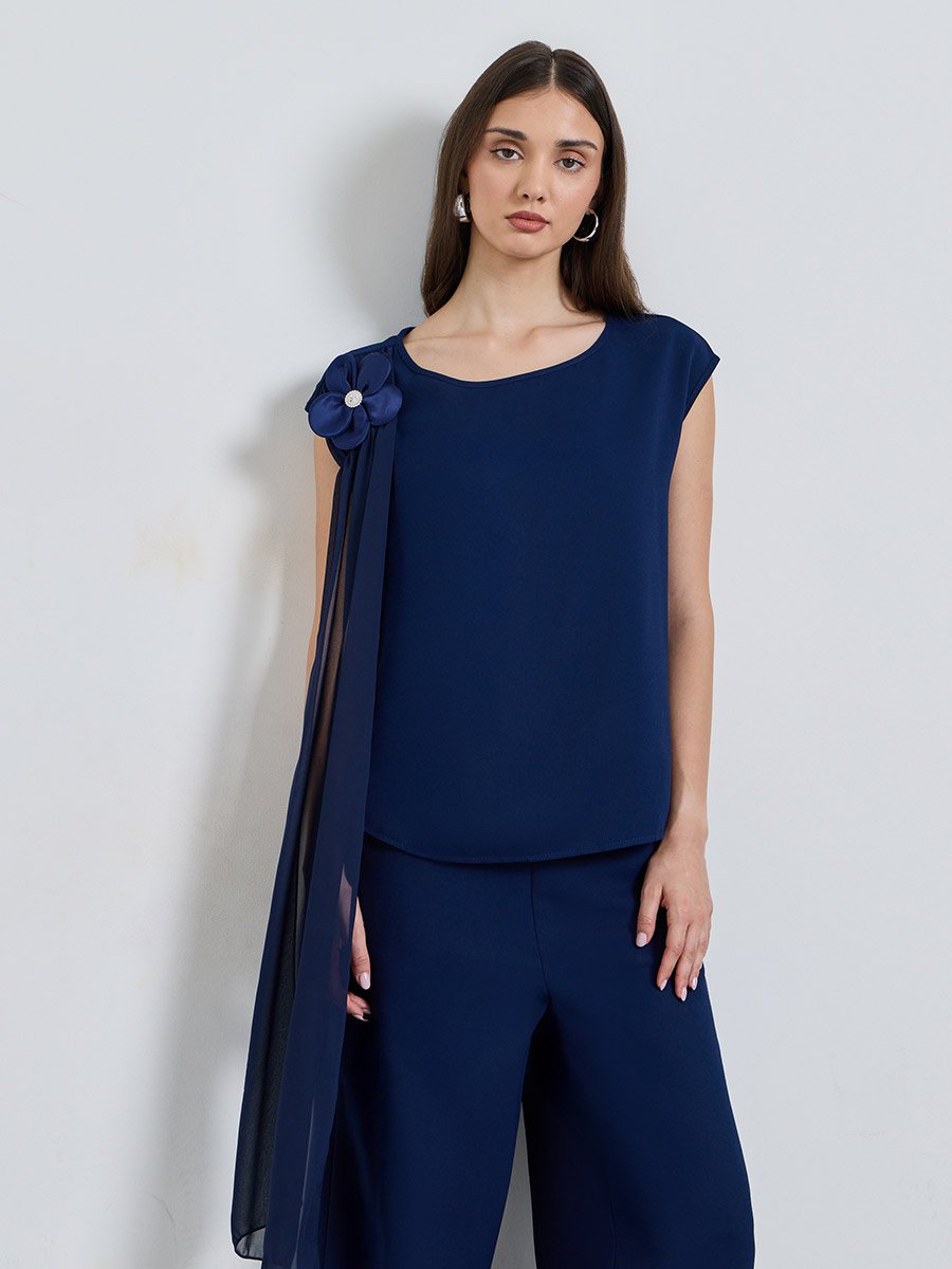 Navy Blue Solid Top and Wide Leg Co-Ords