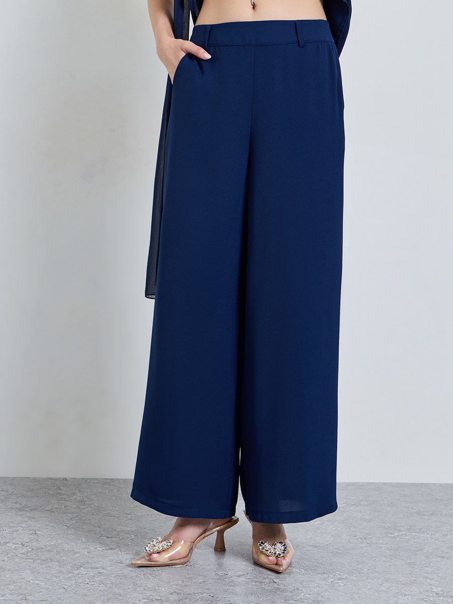 Navy Blue Solid Top and Wide Leg Co-Ords