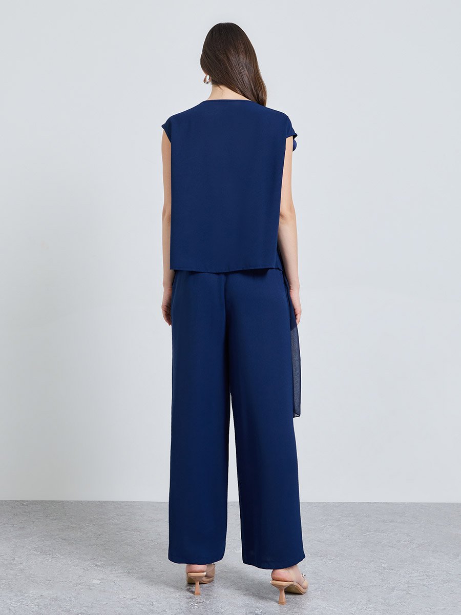 Navy Blue Solid Top and Wide Leg Co-Ords