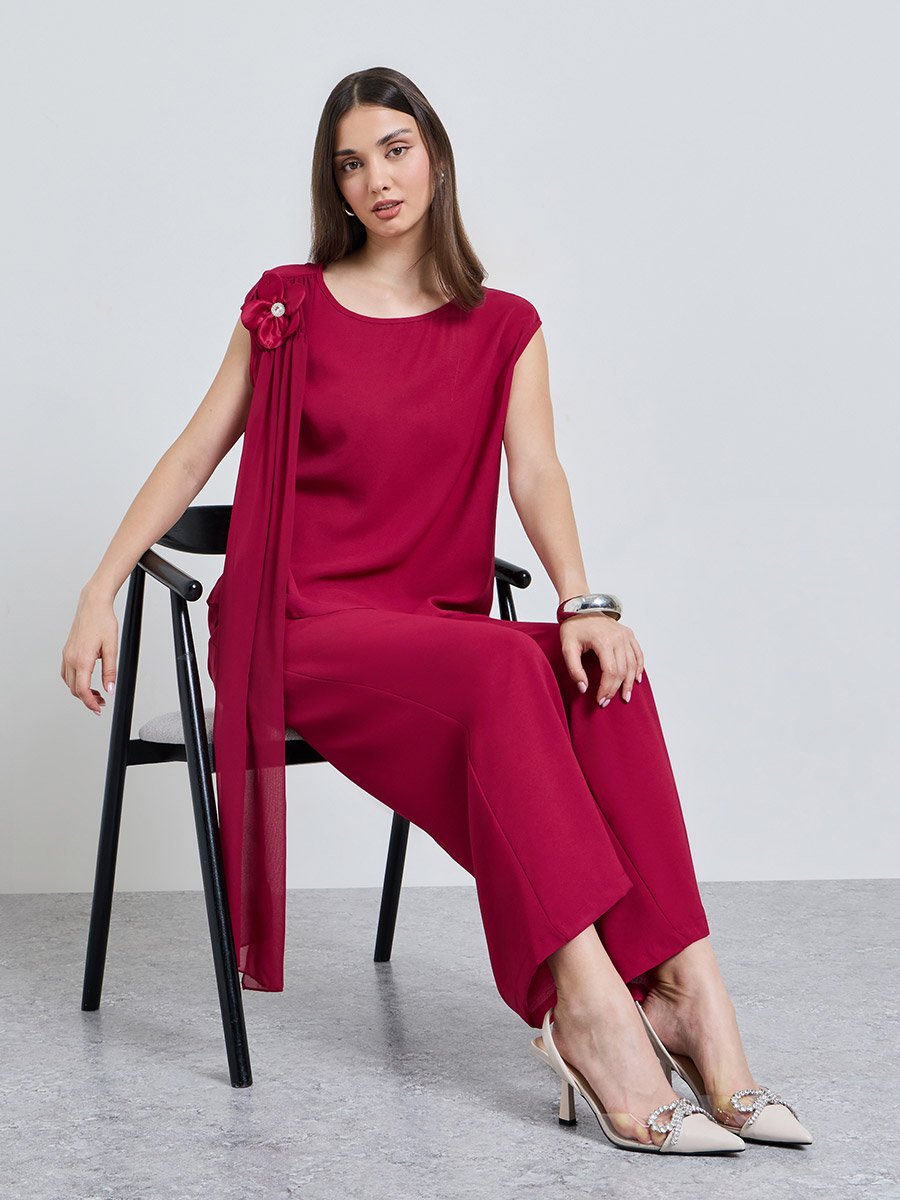 Burgundy Solid Top and Wide Leg Co-Ords