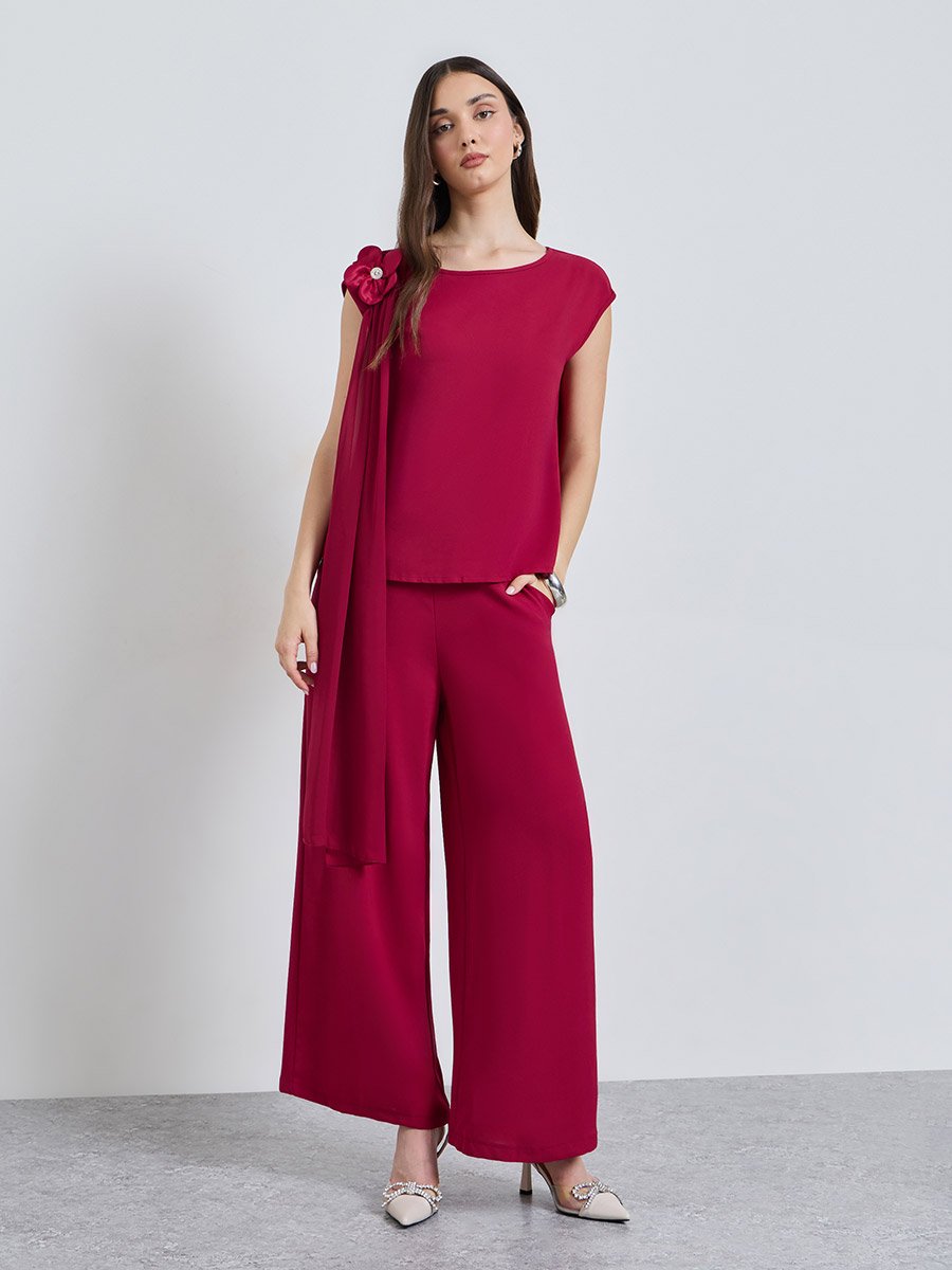 Burgundy Solid Top and Wide Leg Co-Ords