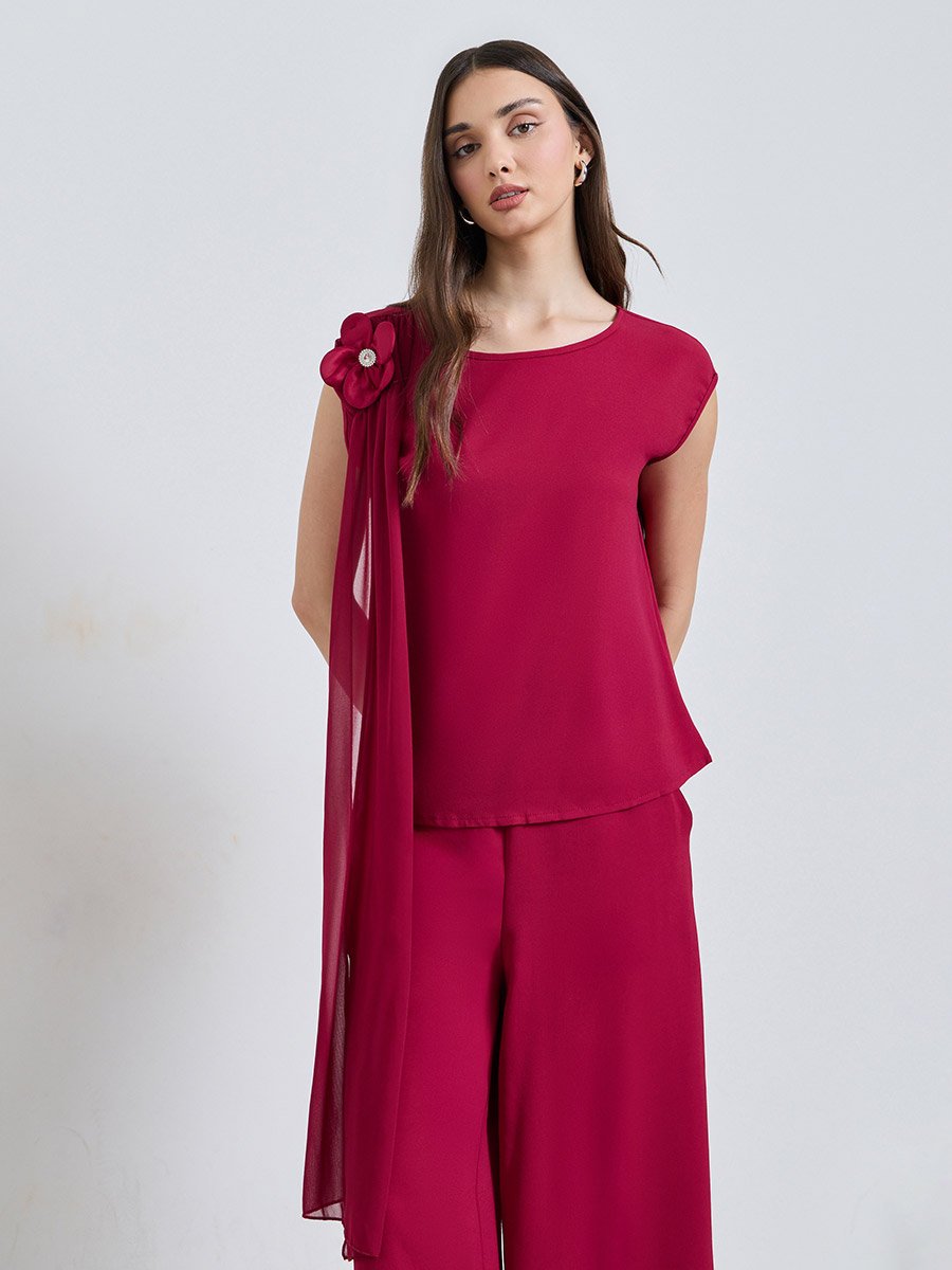 Burgundy Solid Top and Wide Leg Co-Ords