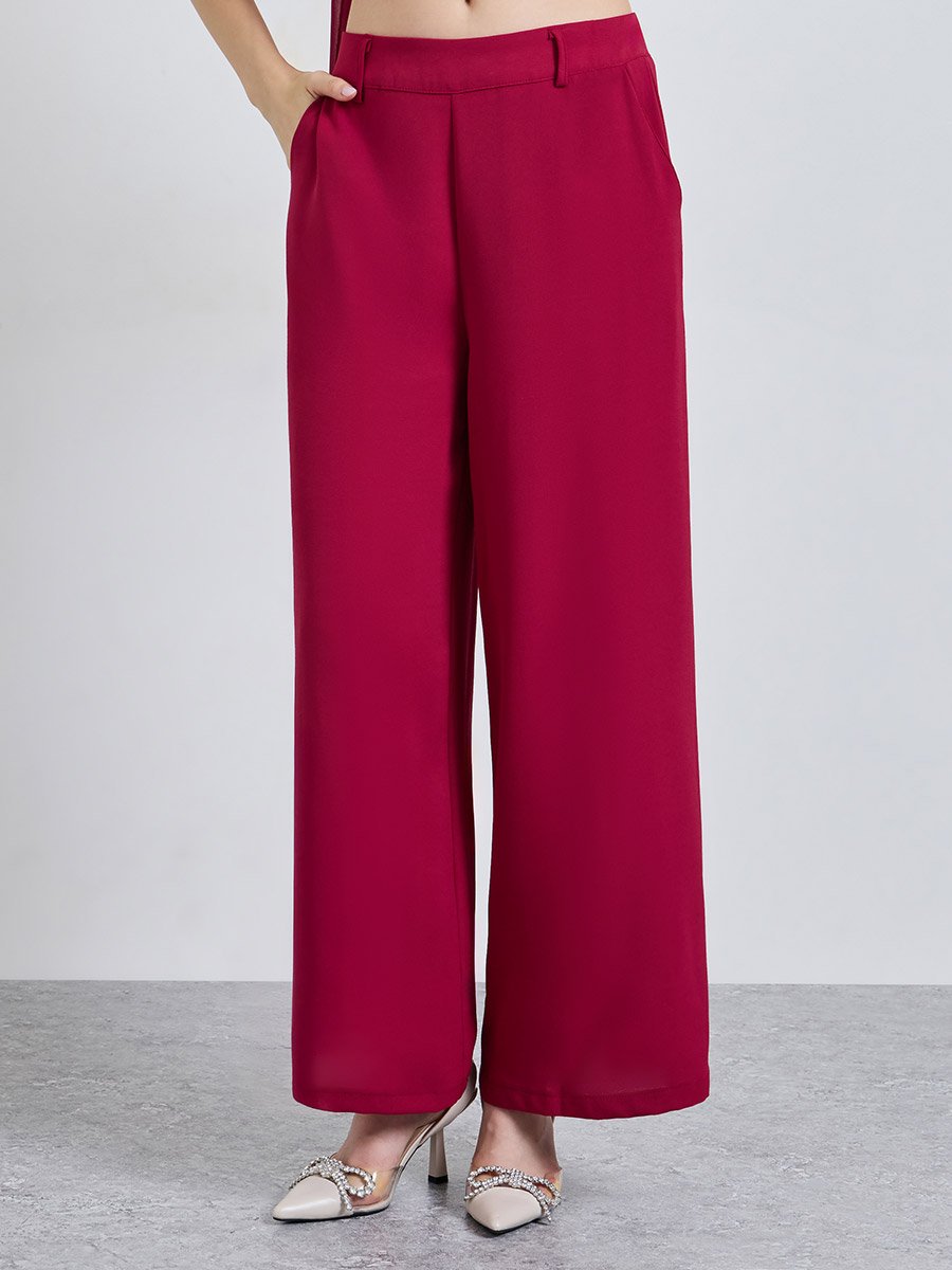 Burgundy Solid Top and Wide Leg Co-Ords