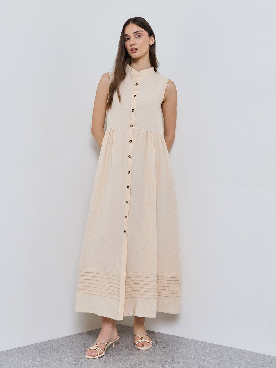 Beige Solid Collared Shirt Midi Dress