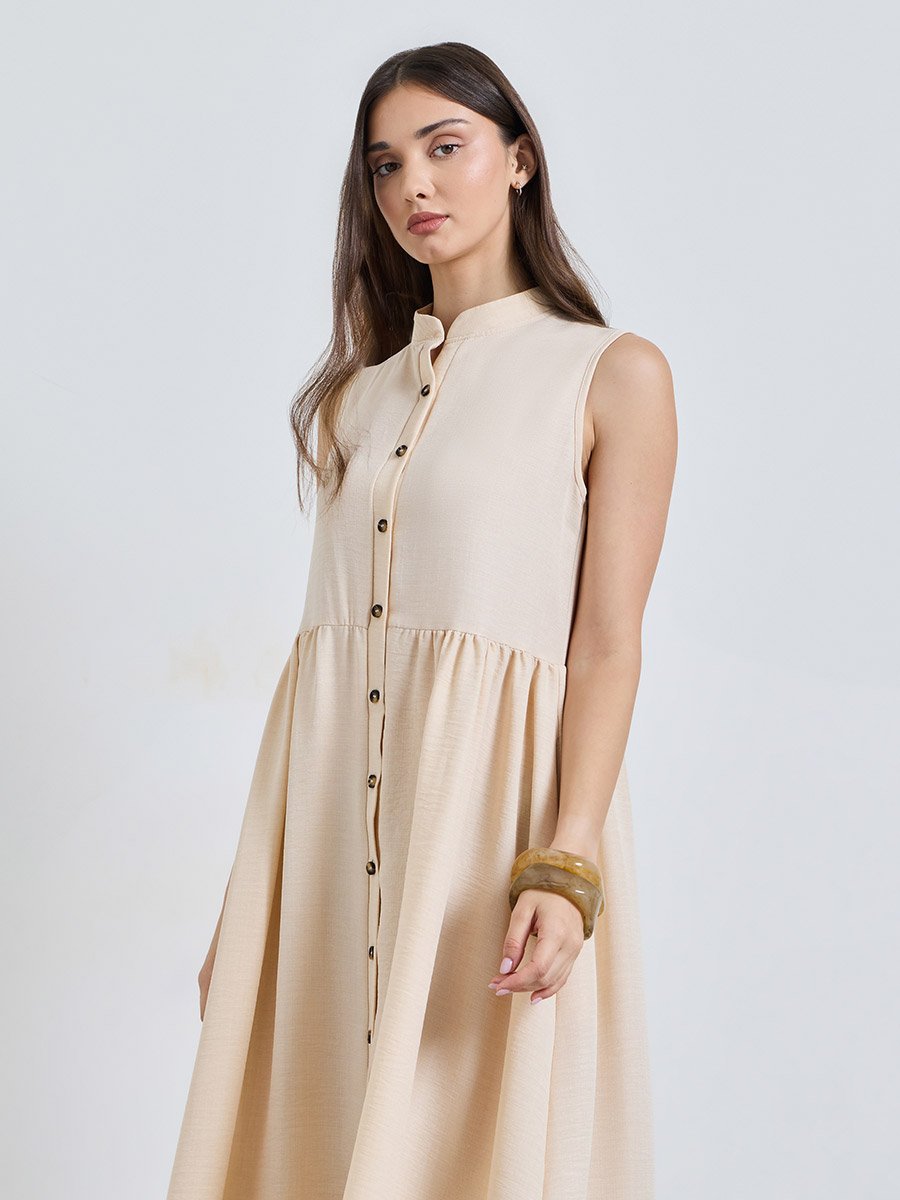 Beige Solid Collared Shirt Midi Dress