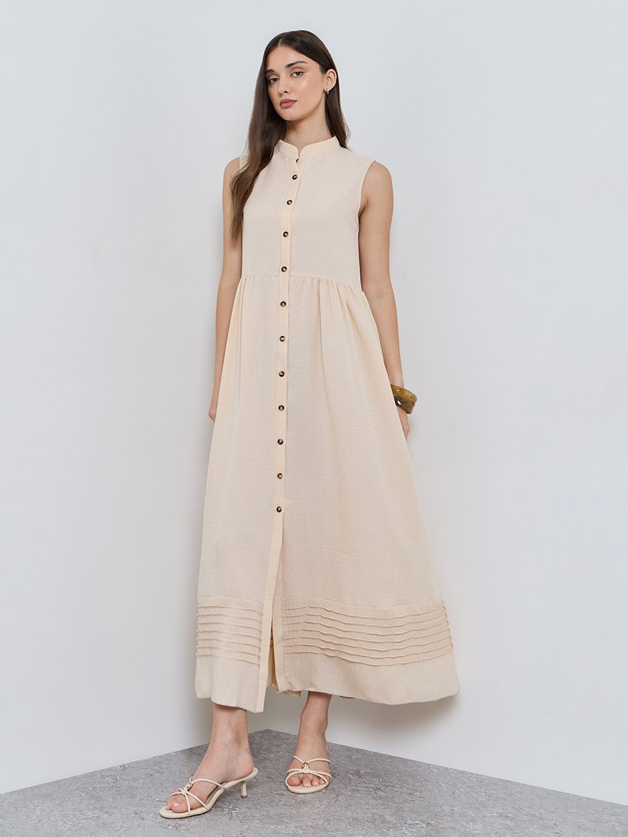 Beige Solid Collared Shirt Midi Dress