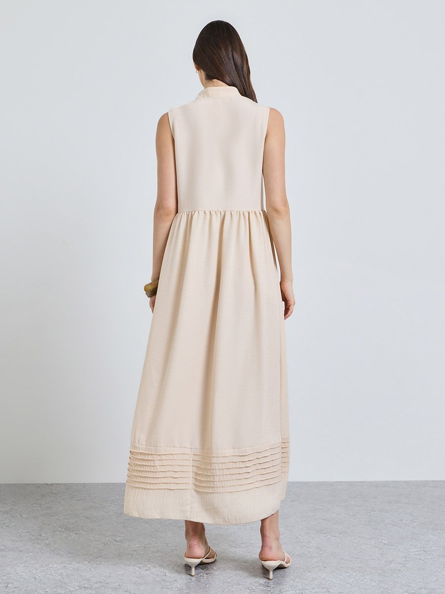 Beige Solid Collared Shirt Midi Dress