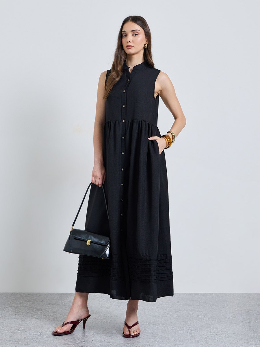 Black Solid Collared Shirt Midi Dress