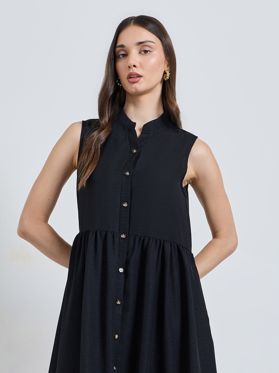 Black Solid Collared Shirt Midi Dress