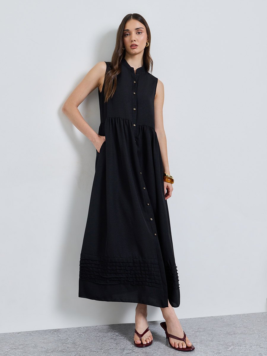 Black Solid Collared Shirt Midi Dress