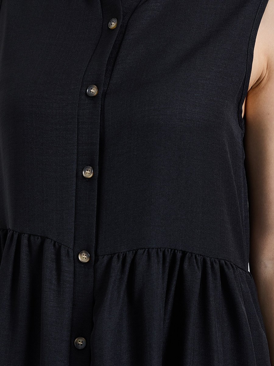 Black Solid Collared Shirt Midi Dress