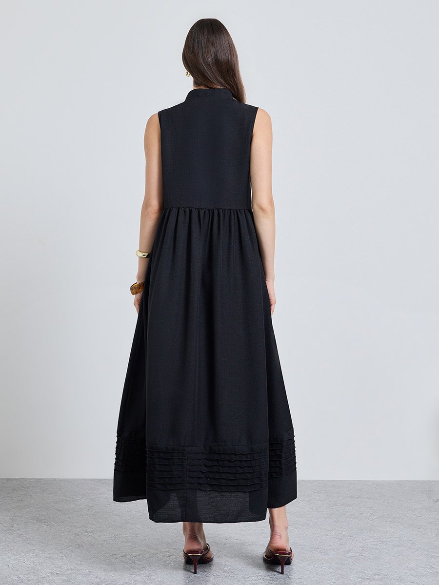 Black Solid Collared Shirt Midi Dress