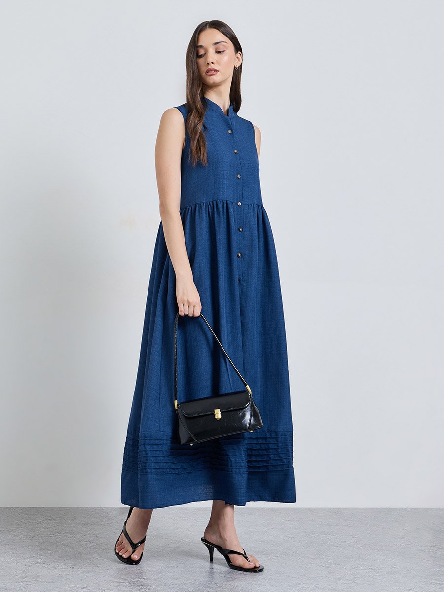 Blue Solid Collared Shirt Midi Dress
