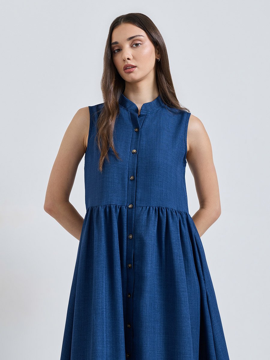 Blue Solid Collared Shirt Midi Dress