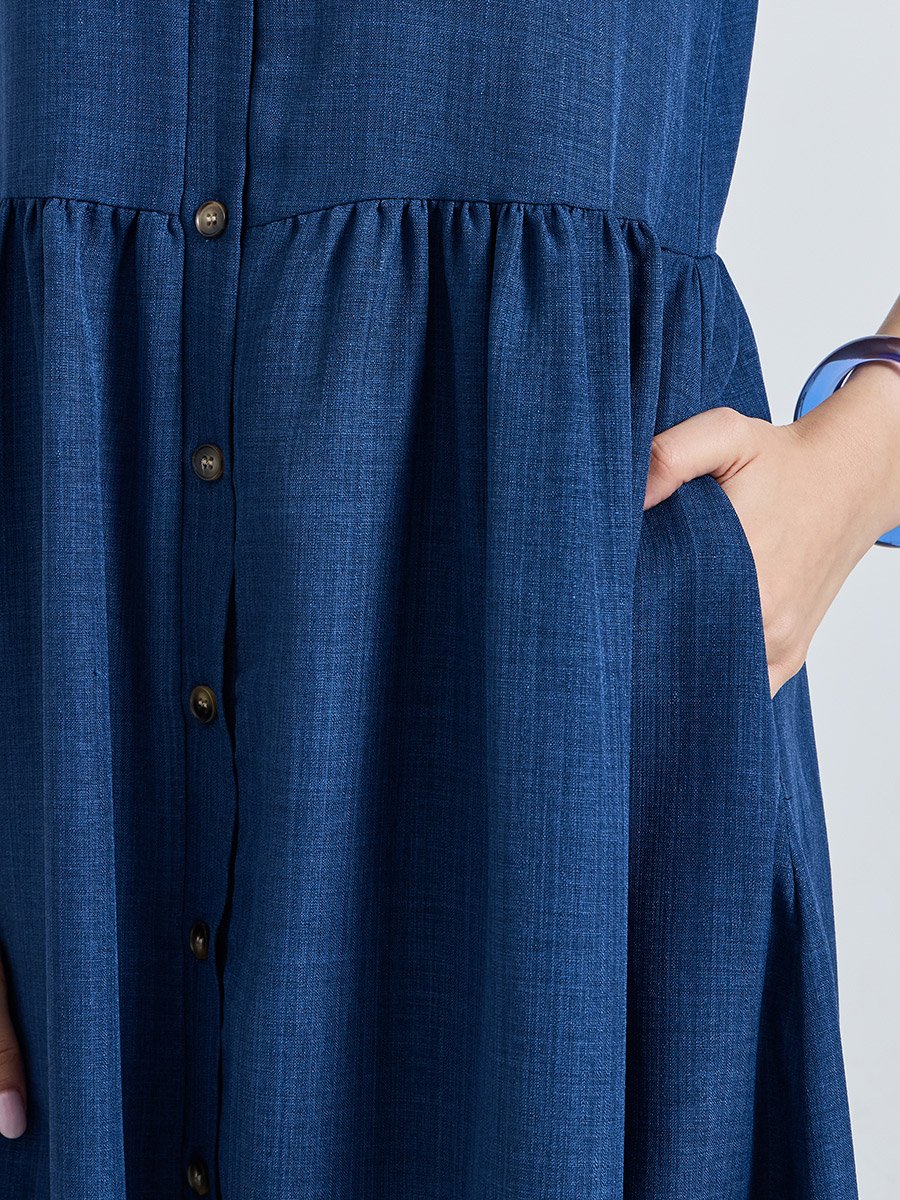 Blue Solid Collared Shirt Midi Dress