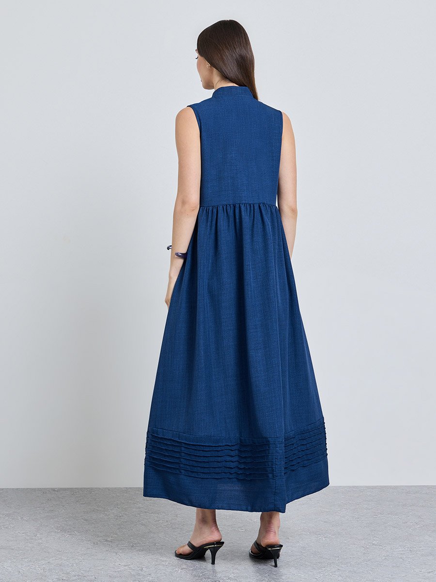 Blue Solid Collared Shirt Midi Dress