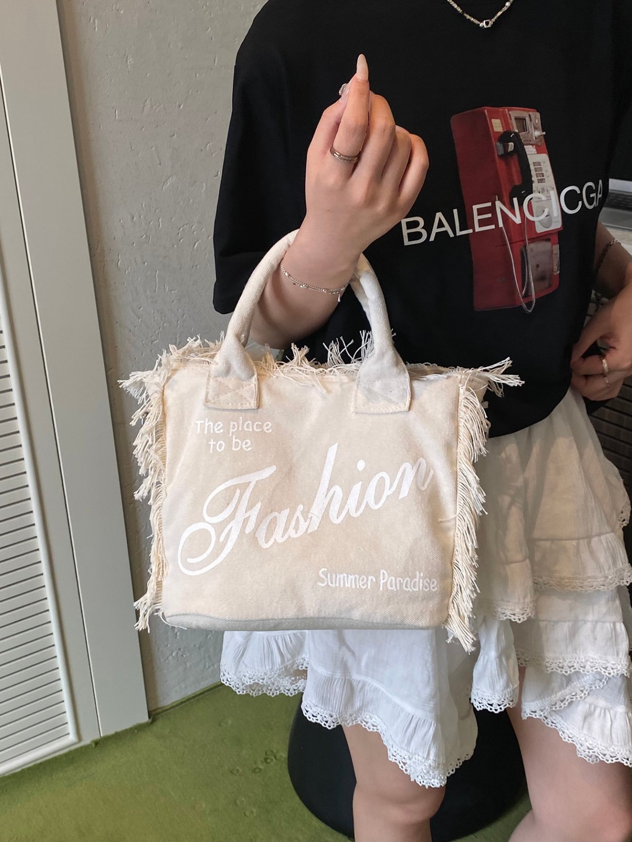 Beige Fringe Crossbody Bag