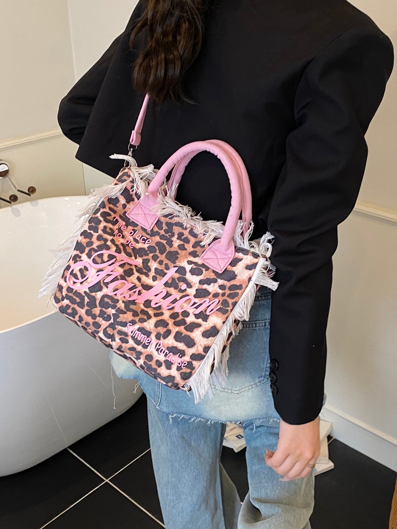 Leopard Print Fringe Crossbody Bag with Pink Handles
