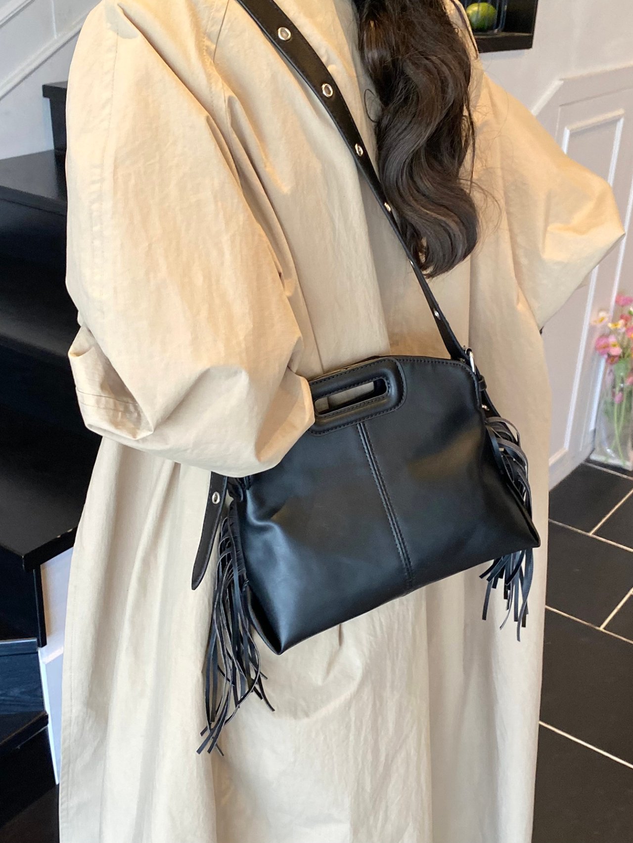 Black Crossbody Bag with Tassel Detail