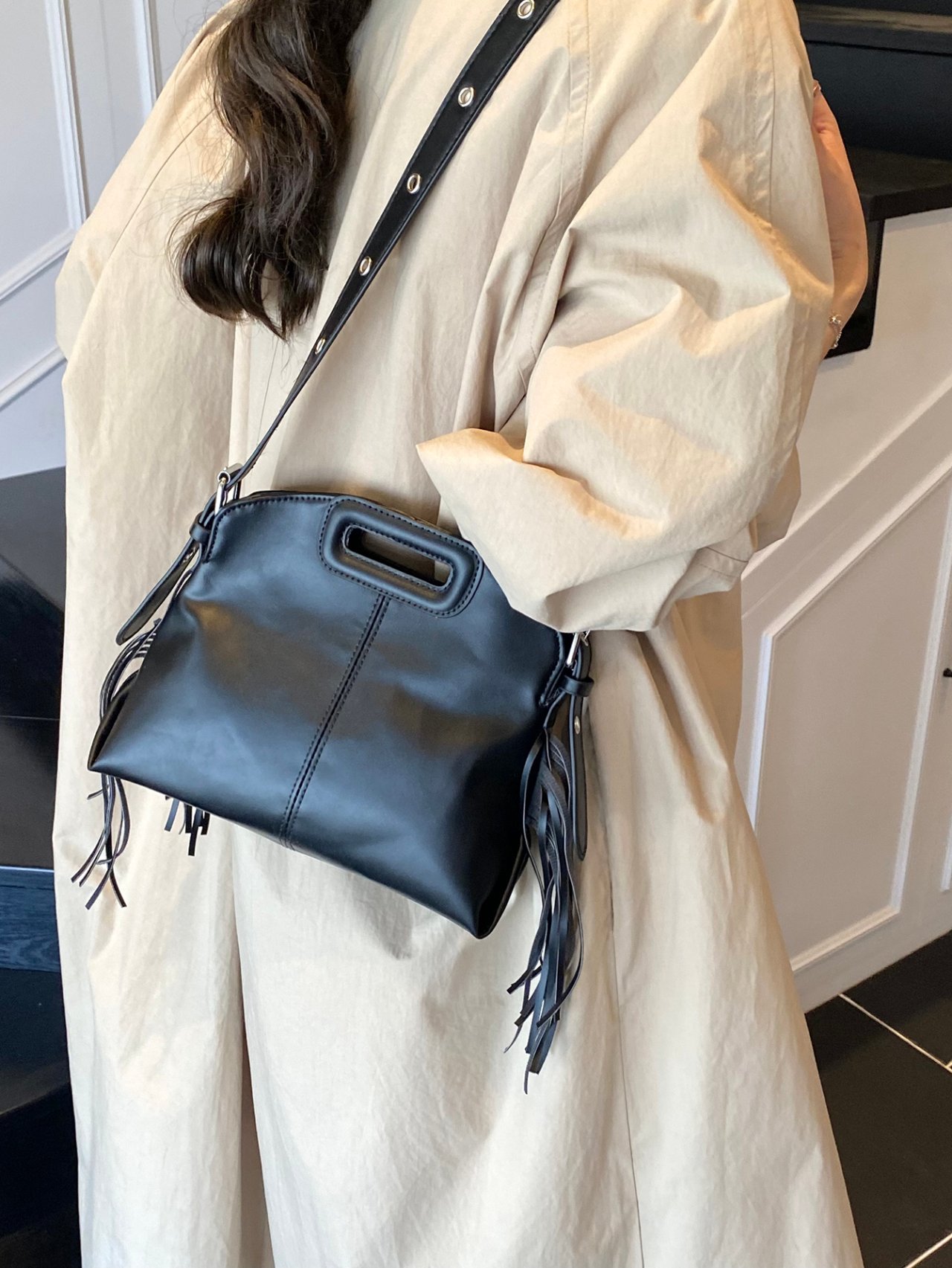 Black Crossbody Bag with Tassel Detail