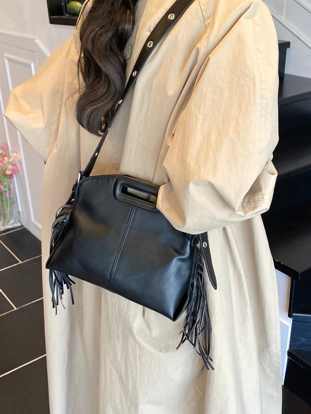 Black Crossbody Bag with Tassel Detail