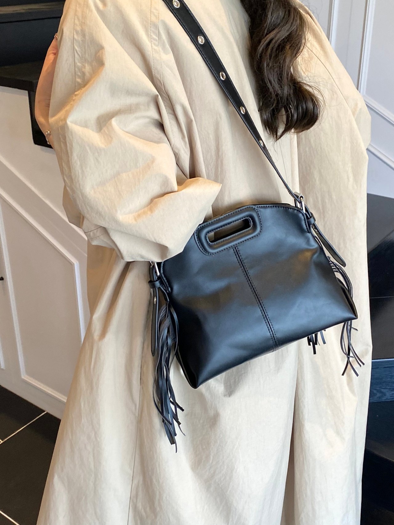 Black Crossbody Bag with Tassel Detail