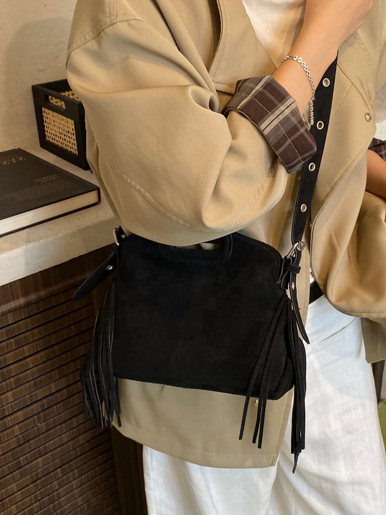 Black Suede Look Fringed Crossbody Bag