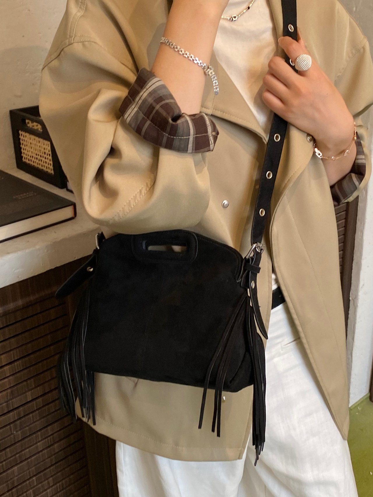 Black Suede Look Fringed Crossbody Bag