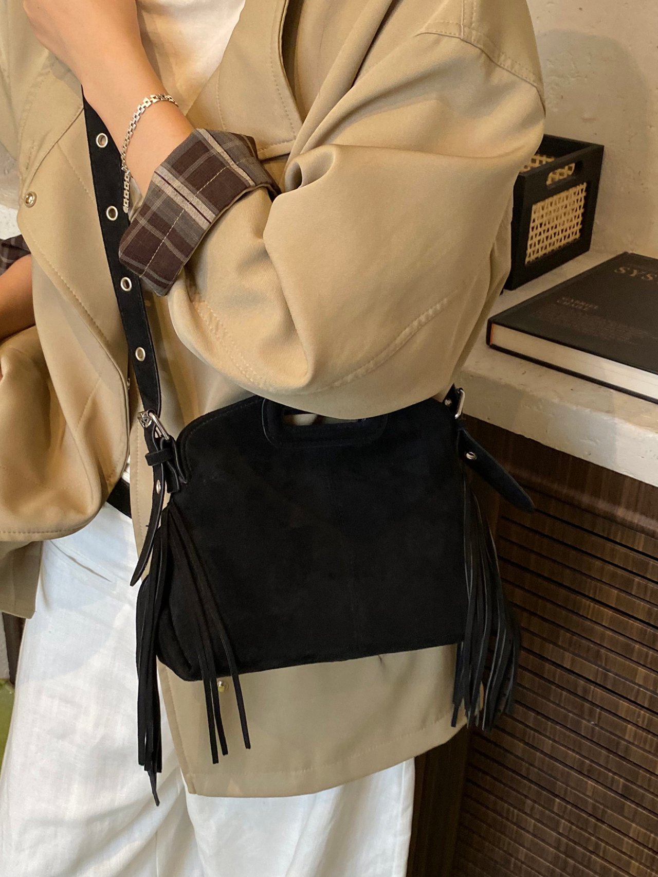 Black Suede Look Fringed Crossbody Bag
