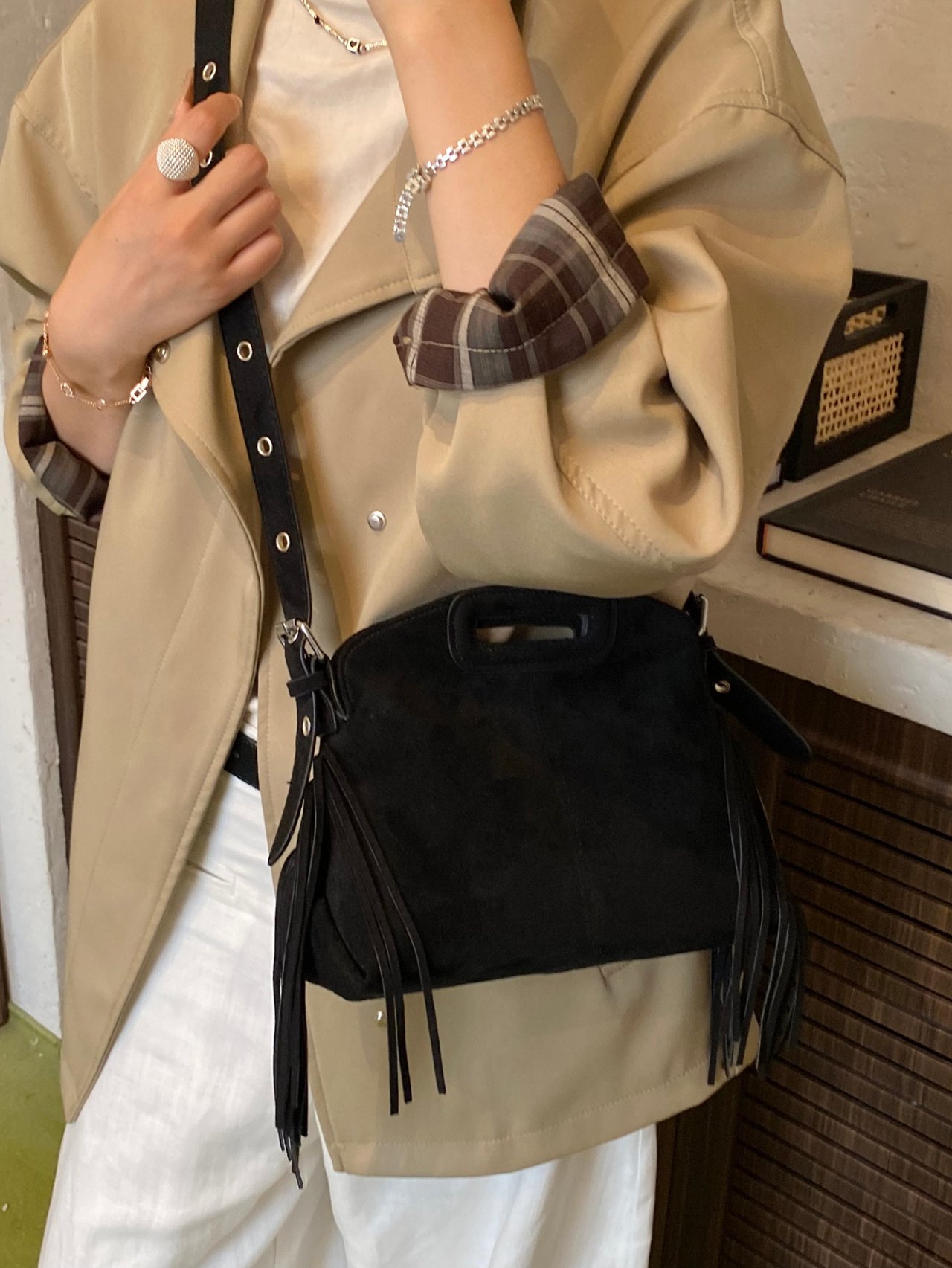 Black Suede Look Fringed Crossbody Bag