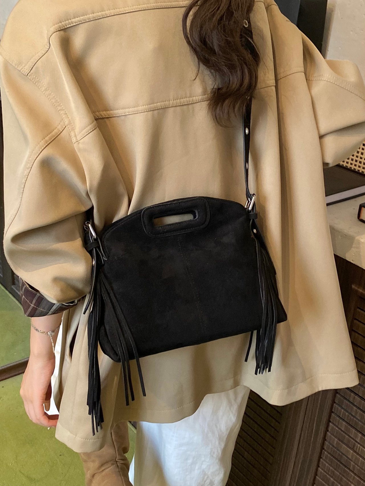 Black Suede Look Fringed Crossbody Bag