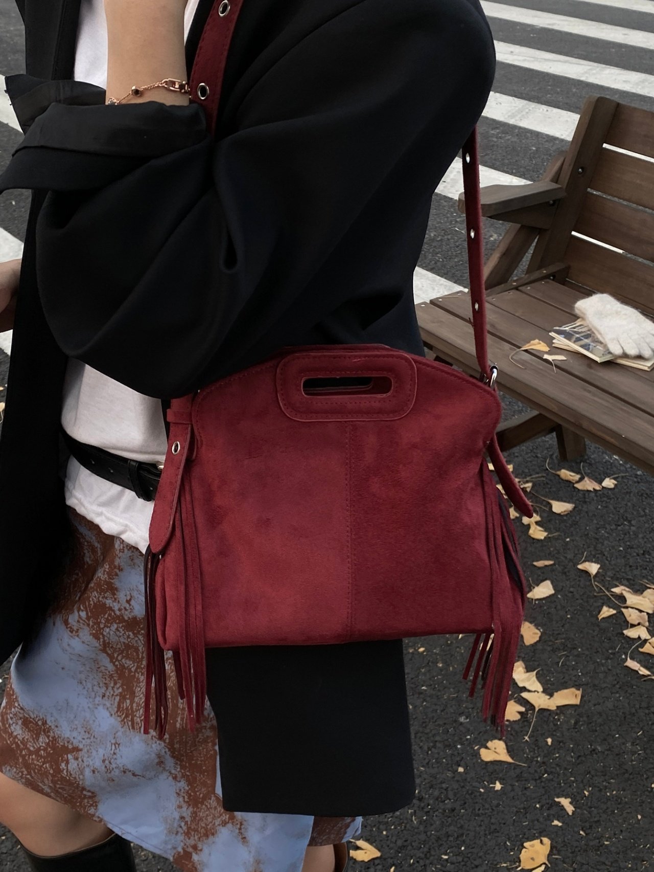 Burgundy Suede Look Fringe Crossbody Bag