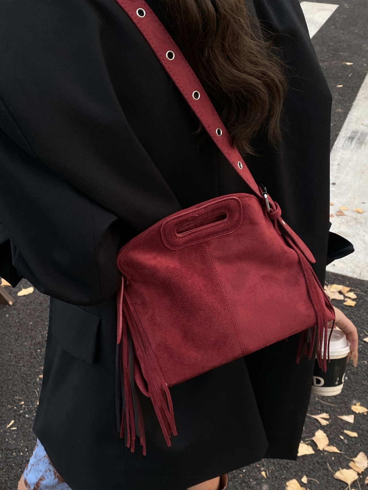 Burgundy Suede Look Fringe Crossbody Bag