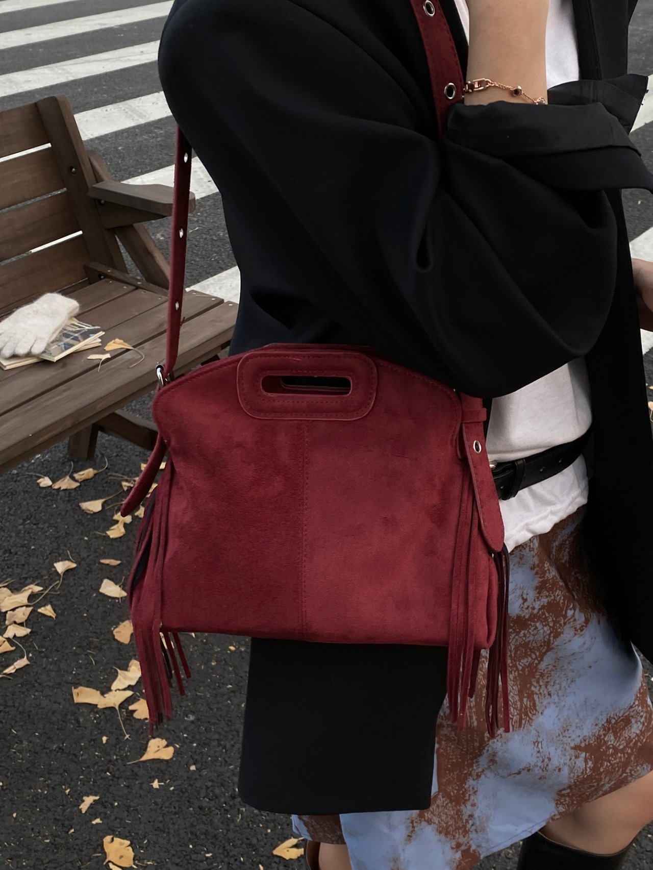 Burgundy Suede Look Fringe Crossbody Bag