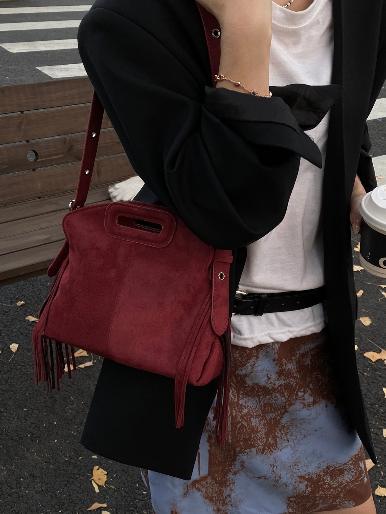 Burgundy Suede Look Fringe Crossbody Bag