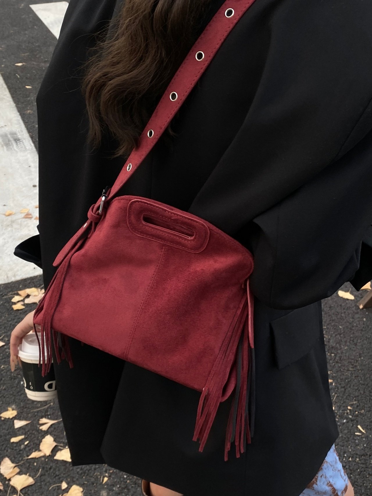 Burgundy Suede Look Fringe Crossbody Bag