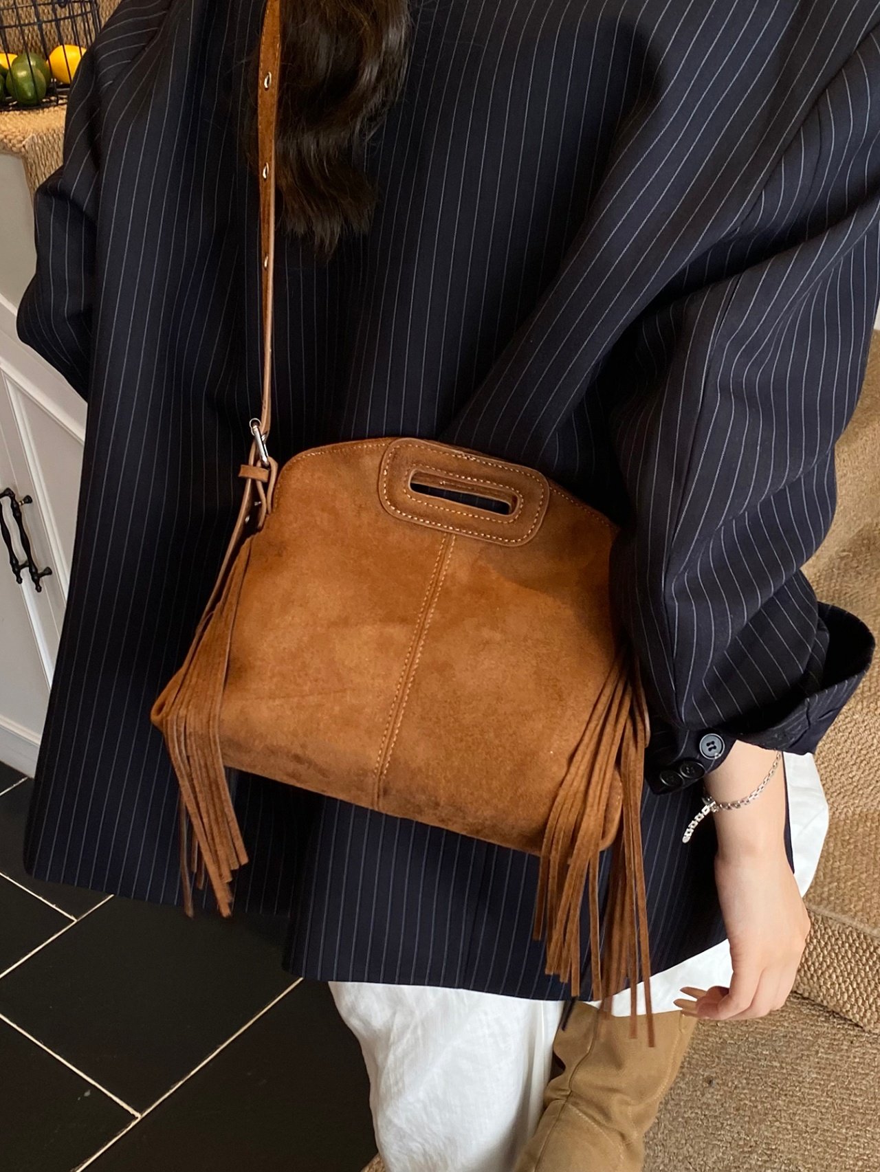 Brown Suede Look Fringe Crossbody Bag