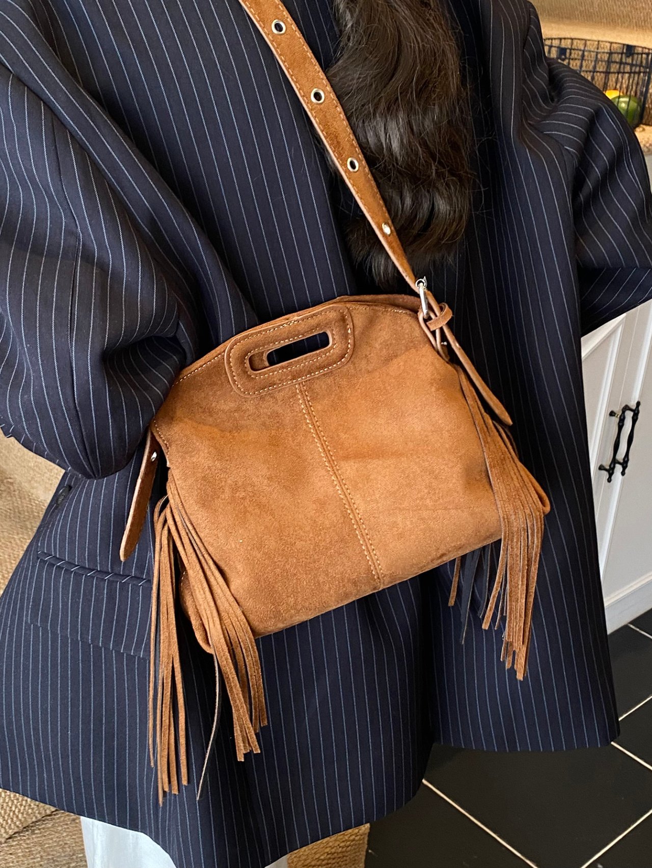 Brown Suede Look Fringe Crossbody Bag