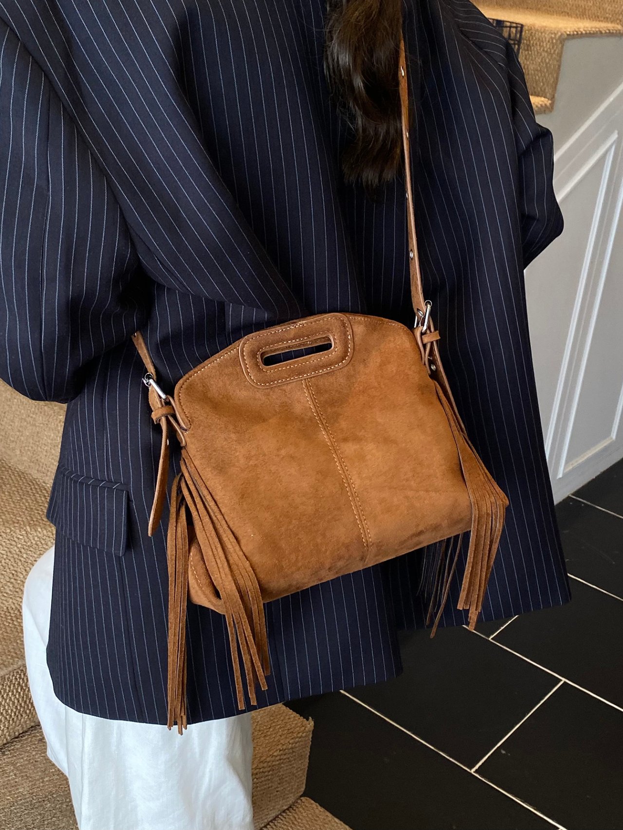 Brown Suede Look Fringe Crossbody Bag