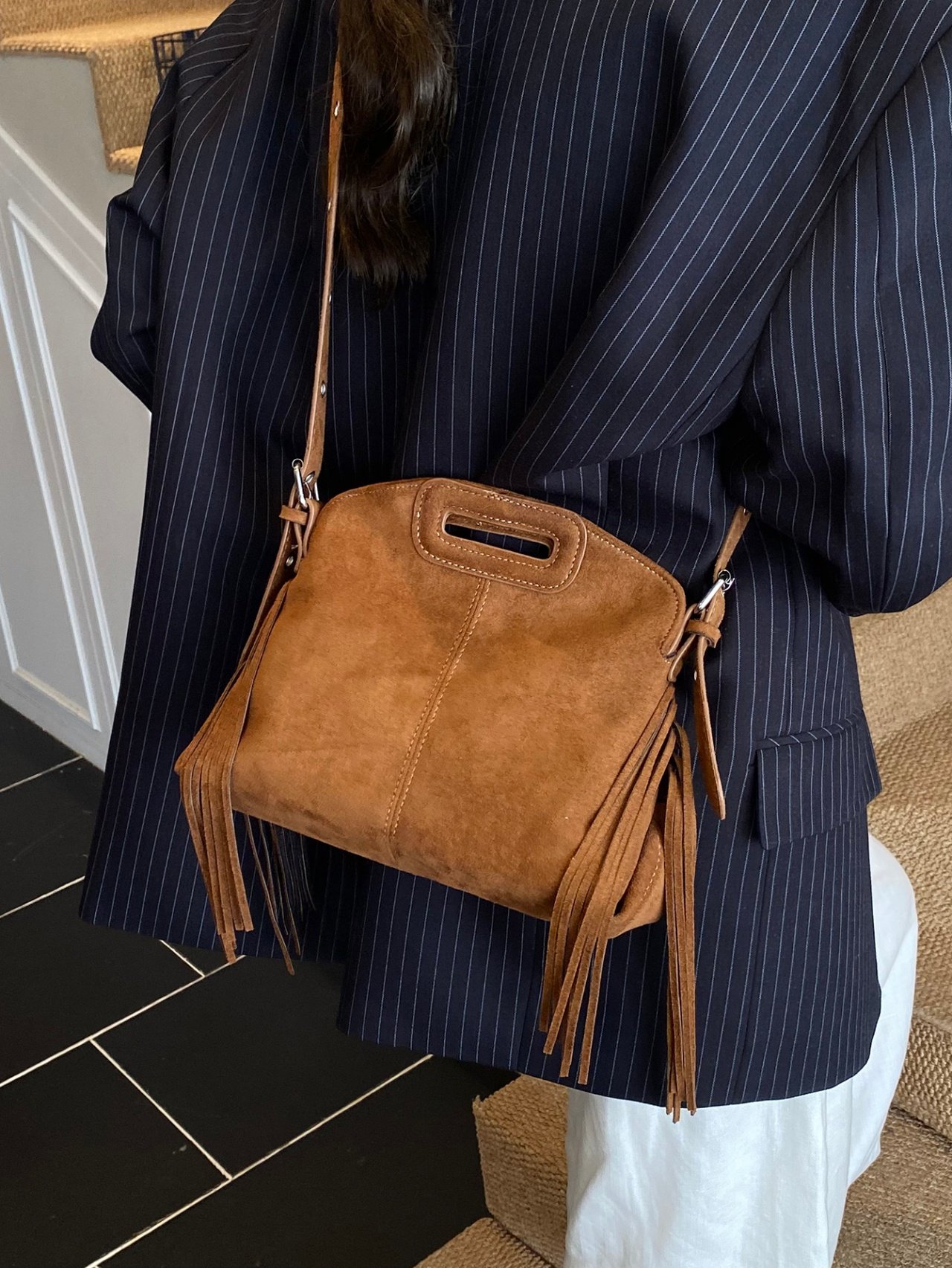Brown Suede Look Fringe Crossbody Bag