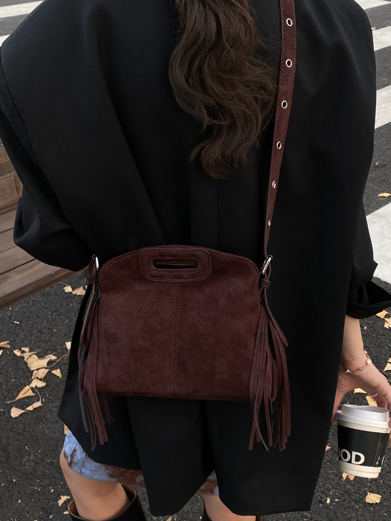 Coffee Brown Suede Fringe Crossbody Bag