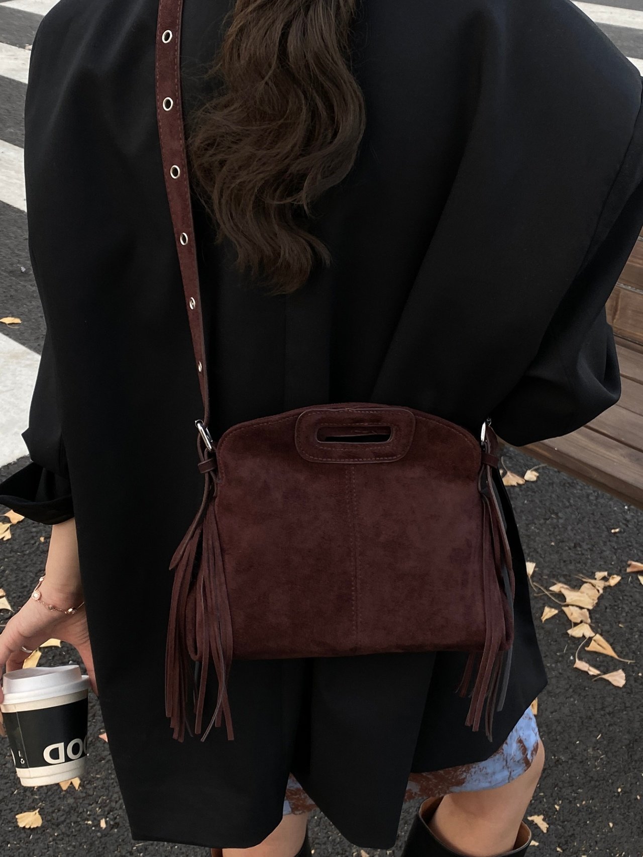 Coffee Brown Suede Fringe Crossbody Bag